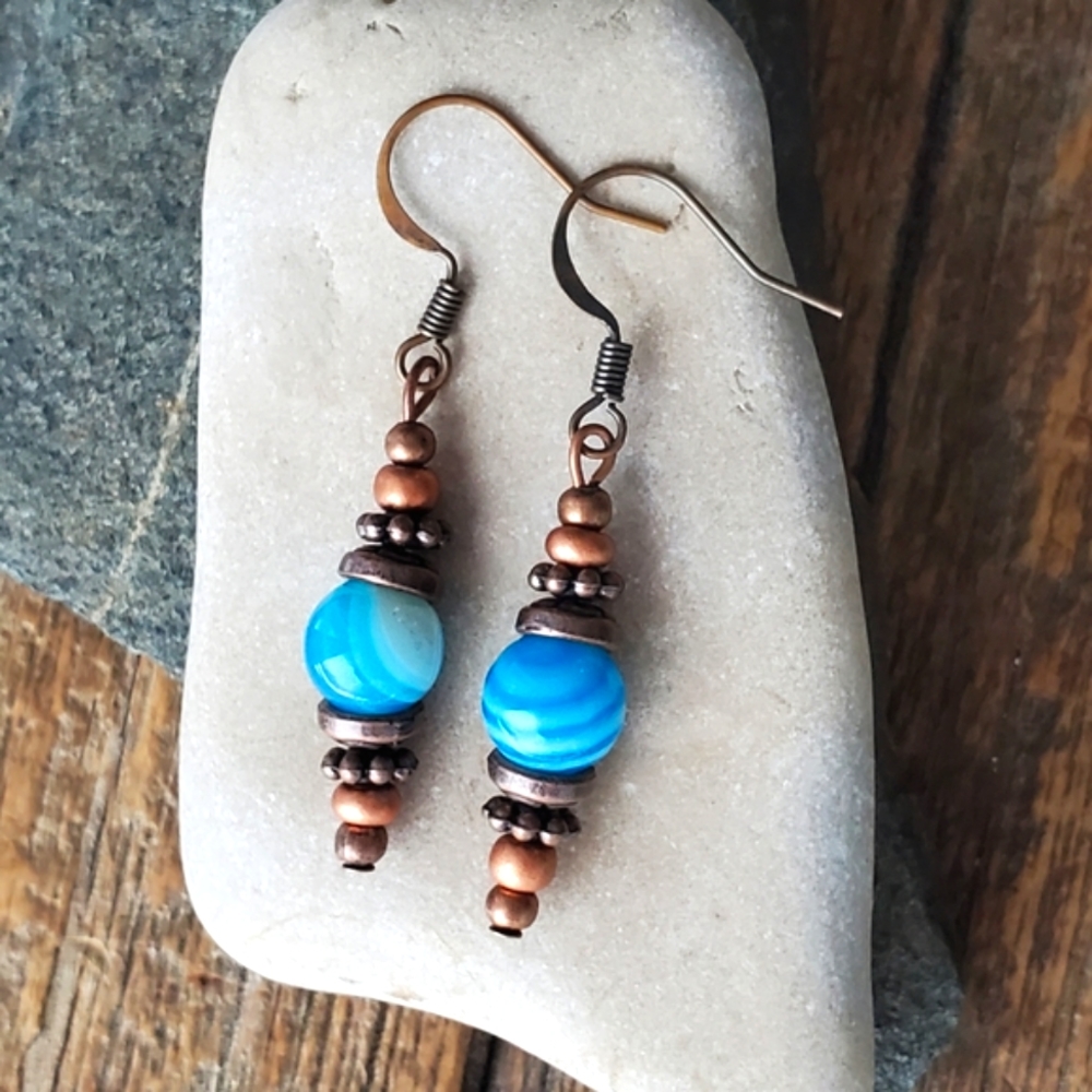 Handmade Drop Earrings in Copper and Blue Banded Agate